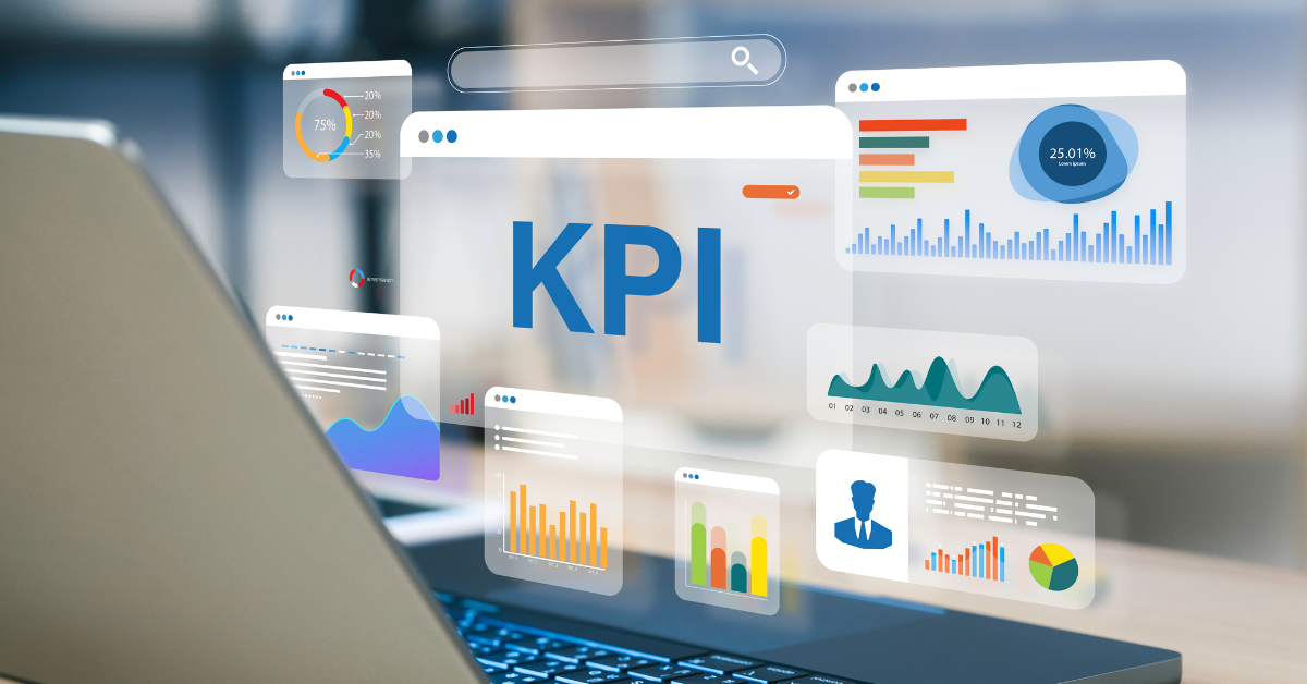 Digital icons depicting various analytic dashboard imagery floating off of a laptop screen.