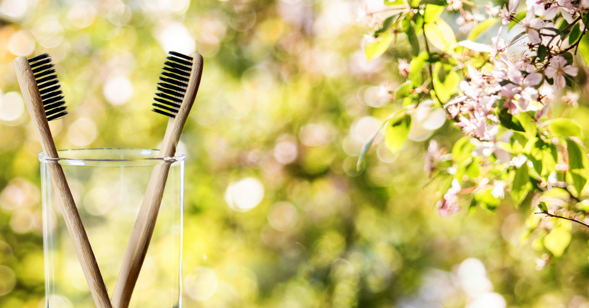 Two wooden toothbrushes with black bristles inside clear glass cup with green nature and pink flowers and tree branches in background 